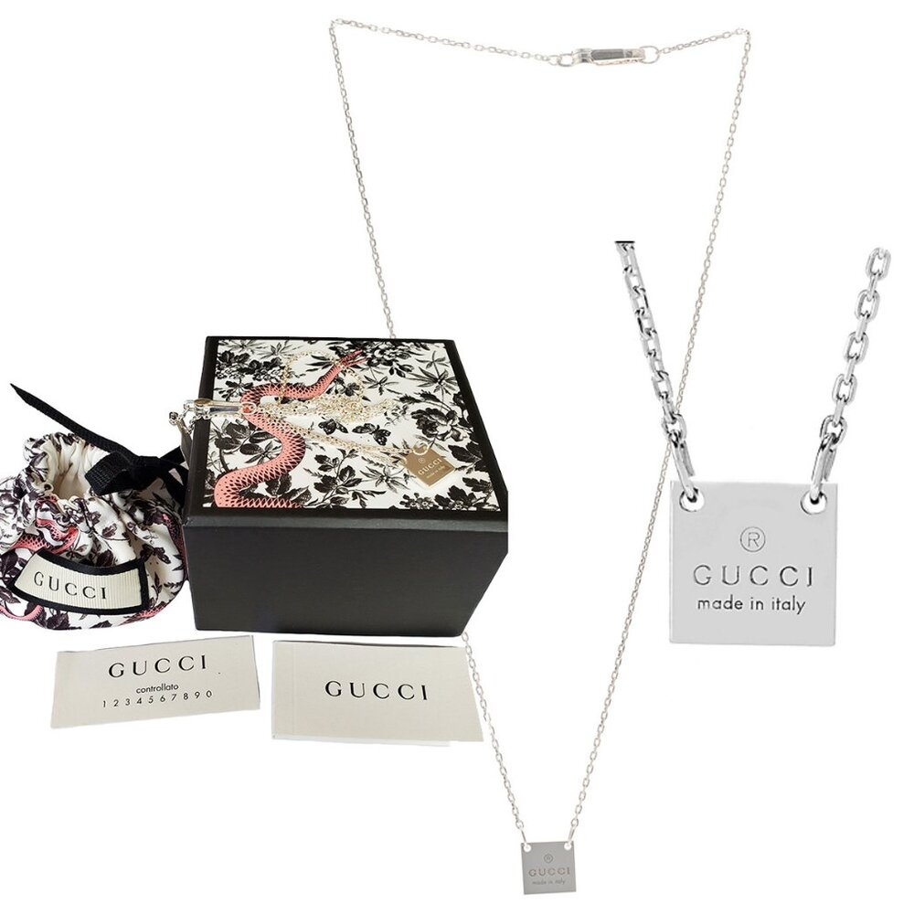 GUCCI NECKLACE STERLING SILVER TRADEMARK LOGO SQUARE PENDANT CHARM UNISEX